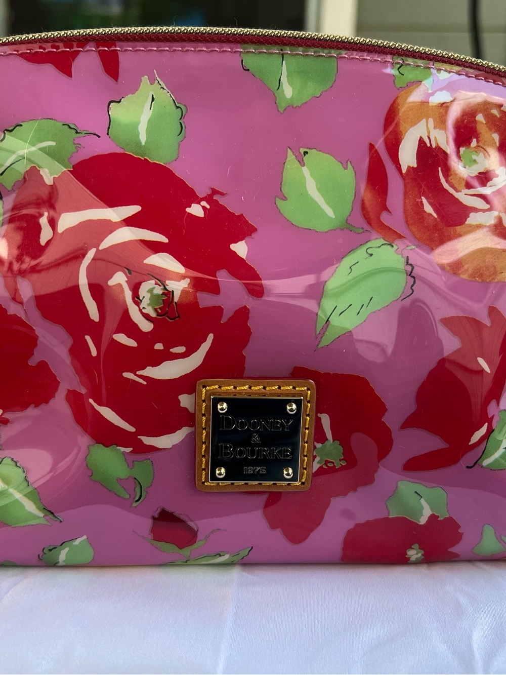 Dooney & Bourke Pink Floral Patent Cosmetic Pouch with Red Roses